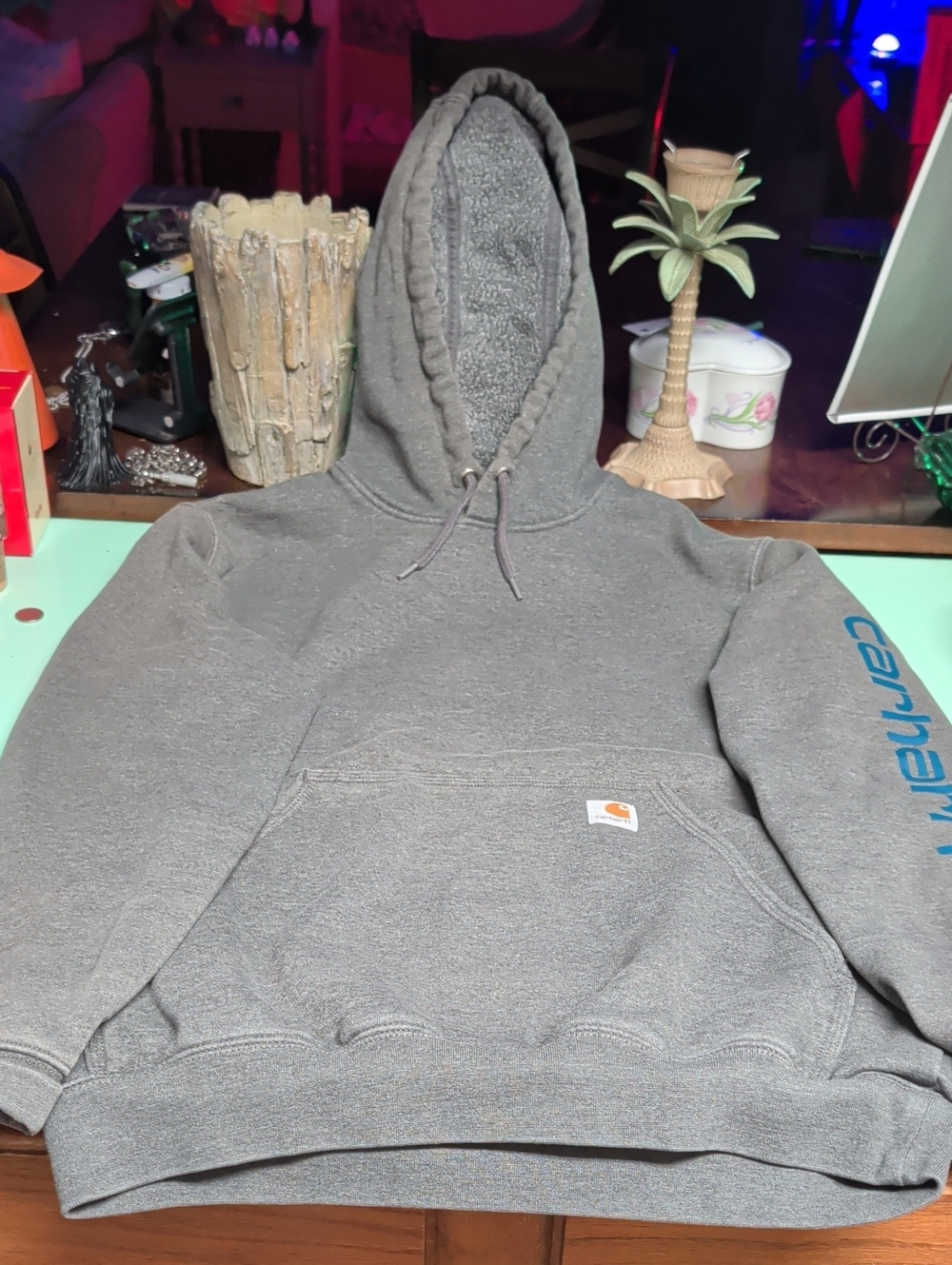 Carhartt Gray Pullover Hooded Work Sweatshirt with Sleeve Logo